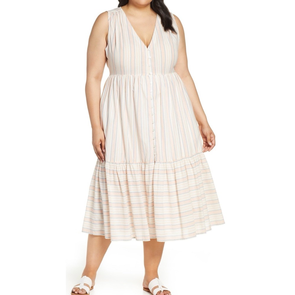 Lucky‎ Brand Pastel Stripe Midi Dress Tiered Womens 1X Cottage Core Button #38